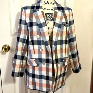 Veronica Beard Navy, White & Blush Checked Double-Breasted Blazer